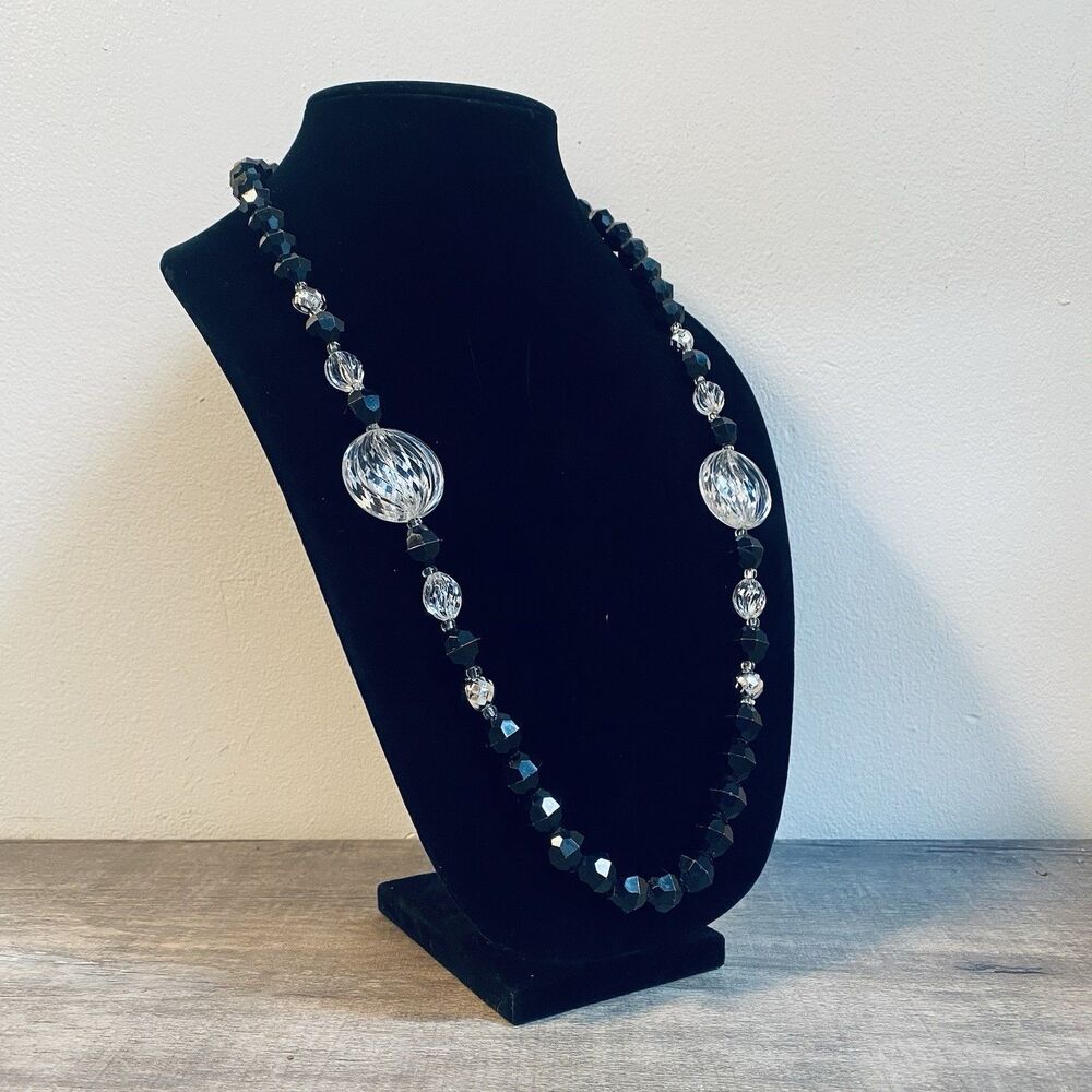Vintage Clear Acrylic And Black Bead 30” Necklace